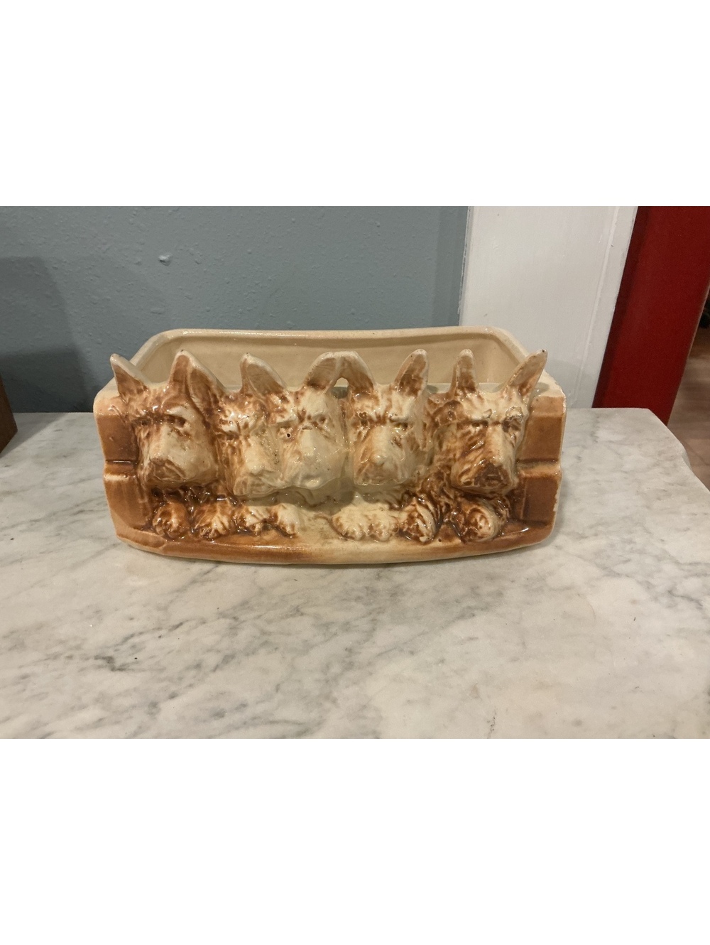 McCoy Pottery Scottie Dog Planter, Four Dogs, Brown Tan, 1949, USA